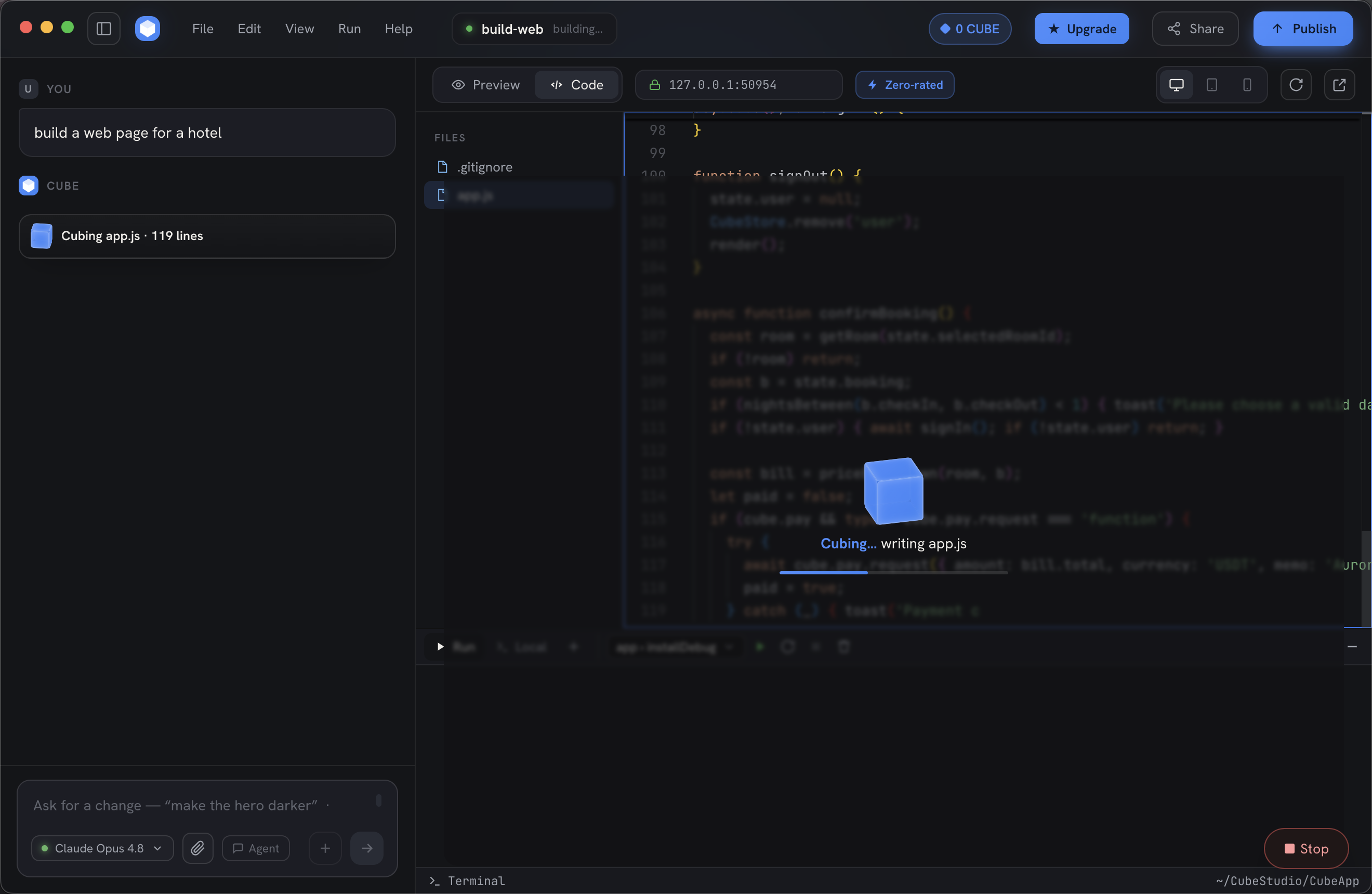 Cube AI generating a workspace in real time — writing app.js from a single prompt.