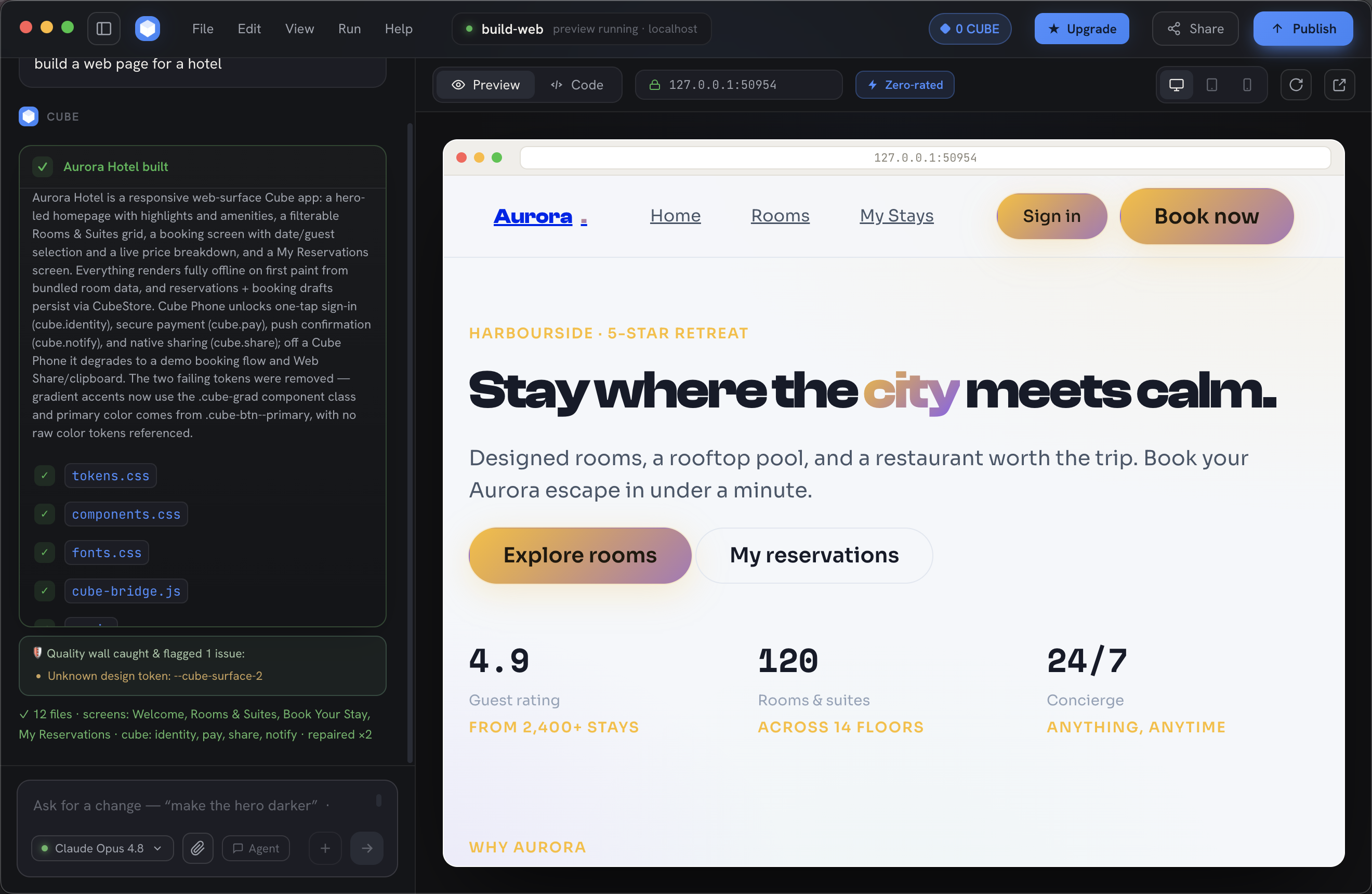 Cube Studio building a hotel website with Cube AI — live preview, file explorer and one-click publish.